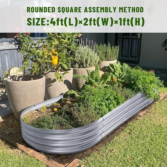 Galvanizli Yükseltilmiş Bahçe Yatak Kits 4 * 2 * 1 Ft Oval Metal Galvanizli Bitkiyatçı Bahçe Kutuları Dışarıda Sebzeler İçin (Sliver)