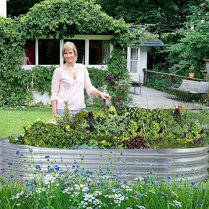 Galvanizli Yükseltilmiş Bahçe Yatak Kits 4 * 2 * 1 Ft Oval Metal Galvanizli Bitkiyatçı Bahçe Kutuları Dışarıda Sebzeler İçin (Sliver)