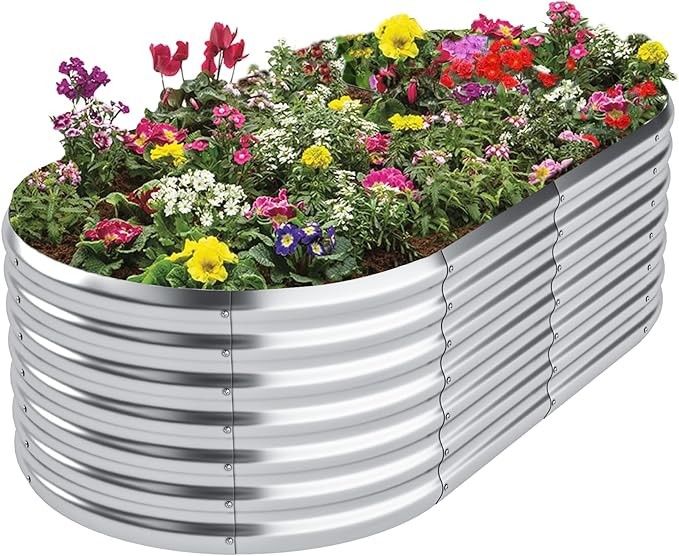 Galvanizli Yükseltilmiş Bahçe Yatağı Bahçe Bitirme Yatağı 6*3*2 Ft Oval Metal Bahçe Kutusu Dışarı, Büyük Metal Bahçe Kutusu