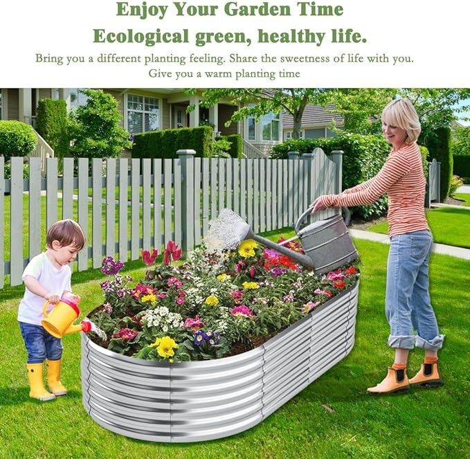 Galvanizli Yükseltilmiş Bahçe Yatağı Bahçe Bitirme Yatağı 6*3*2 Ft Oval Metal Bahçe Kutusu Dışarı, Büyük Metal Bahçe Kutusu
