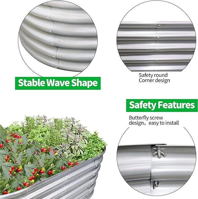Galvanizli Yükseltilmiş Bahçe Yatağı Metal Bitkiyatçı Bahçe Kutuları Dışarıdaki Oval Büyük Metal Yükseltilmiş Bahçe Yatakları Bitkiler İçin 6x3x1.5ft