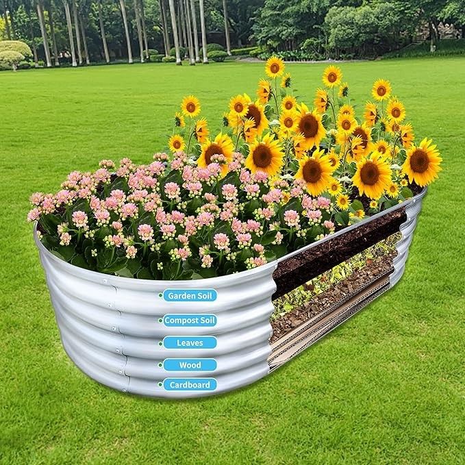 Galvanizli Yükseltilmiş Bahçe Yatağı Metal Bitkiyatçı Bahçe Kutuları Dışarıdaki Oval Büyük Metal Yükseltilmiş Bahçe Yatakları Bitkiler İçin 6x3x1.5ft